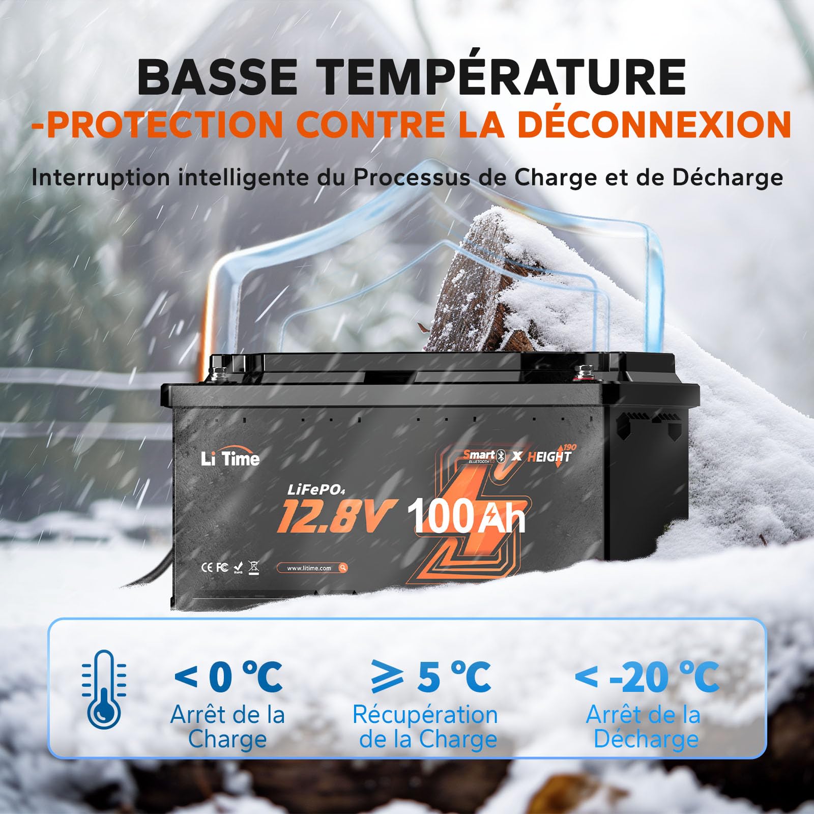 LiTime Batterie Lithium LiFePO4 12V 100Ah H190 avec Bluetooth pour Sièges de Camping-Car Européens: DIN H8 L5, 4000-15000 Cycles Profonds, Énergie 1280Wh, Parfait pour Caravane RVs, Fourgons