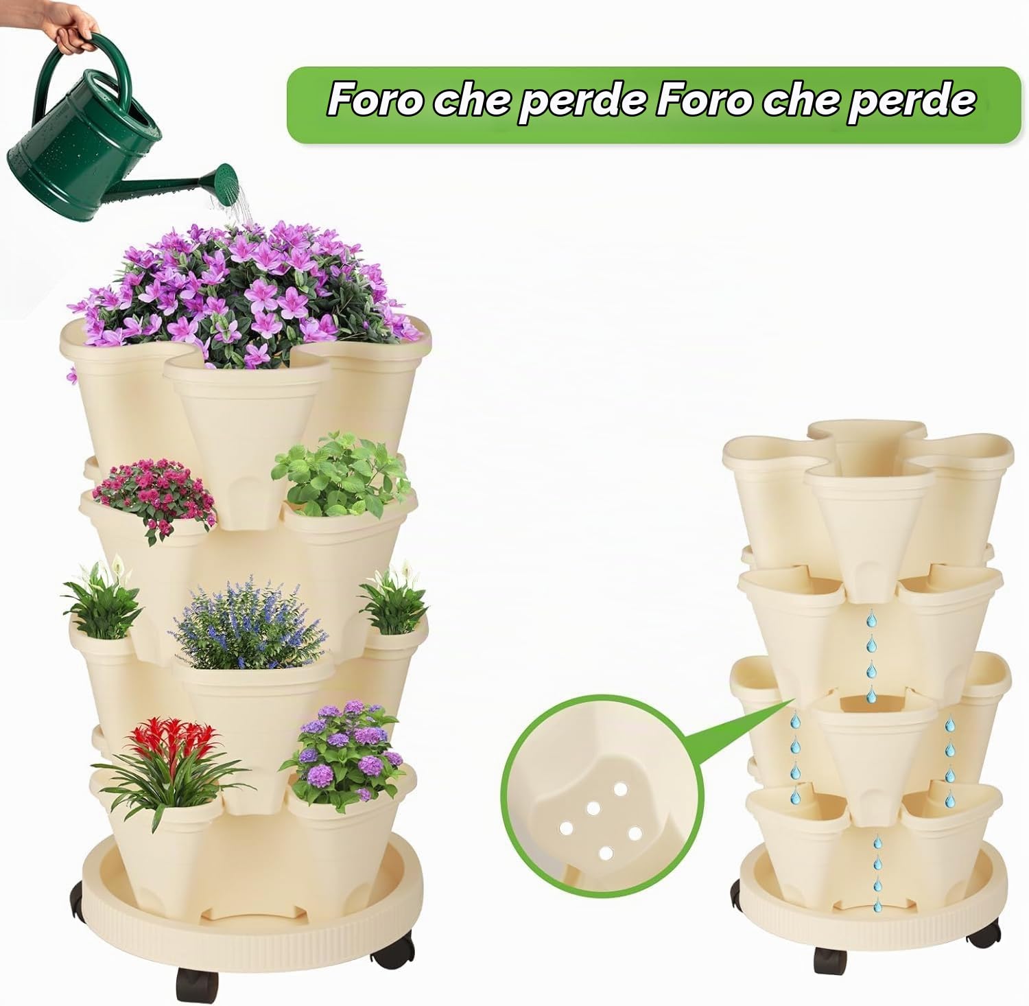 Fioriera impilabile, giardino verticale a torre, set di fioriere verticali utilizzate per fragole, erbe aromatiche e fiori (Beige, 6 livelli)