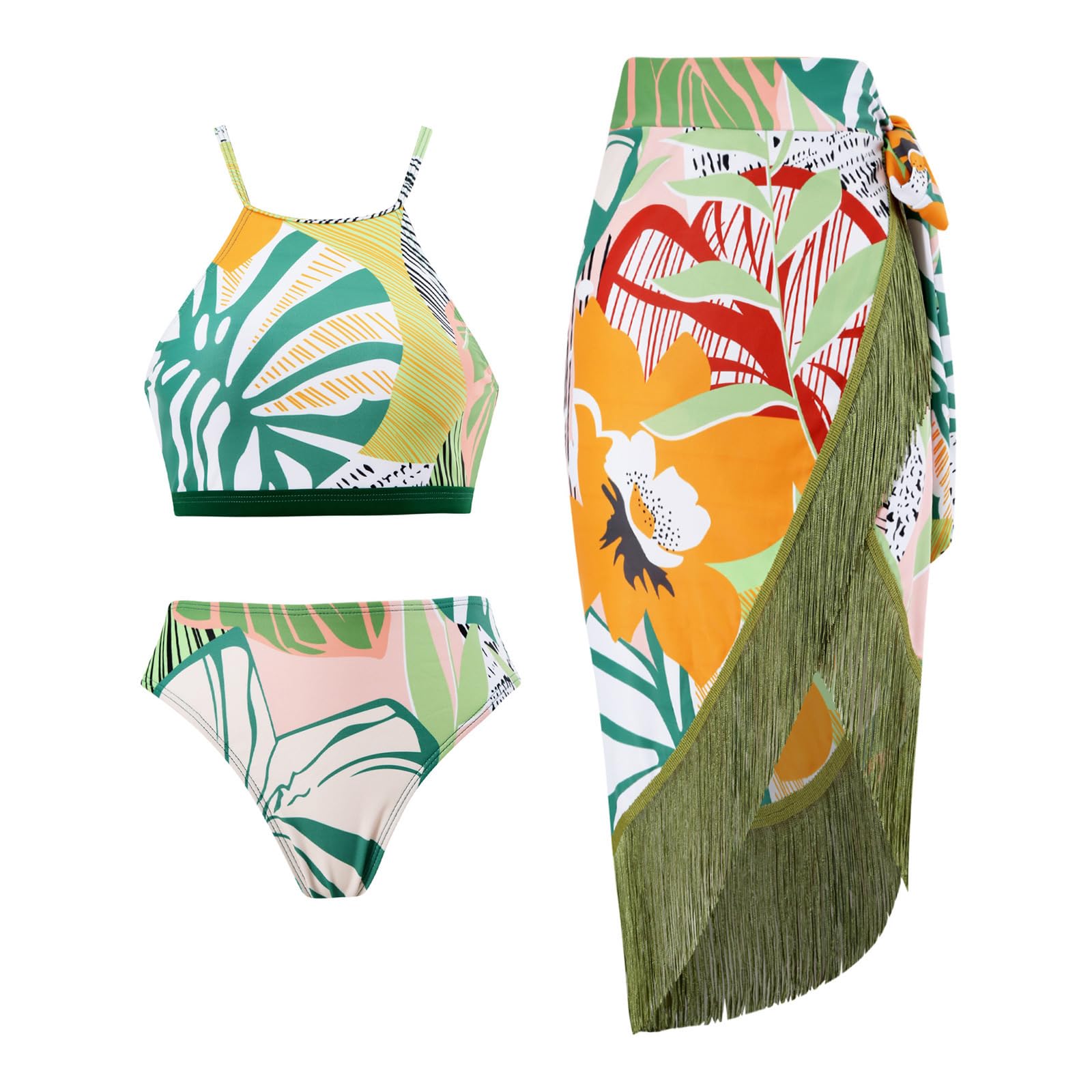 Halter Neck Bikini Set with Cover Up Tropical Print-image-15
