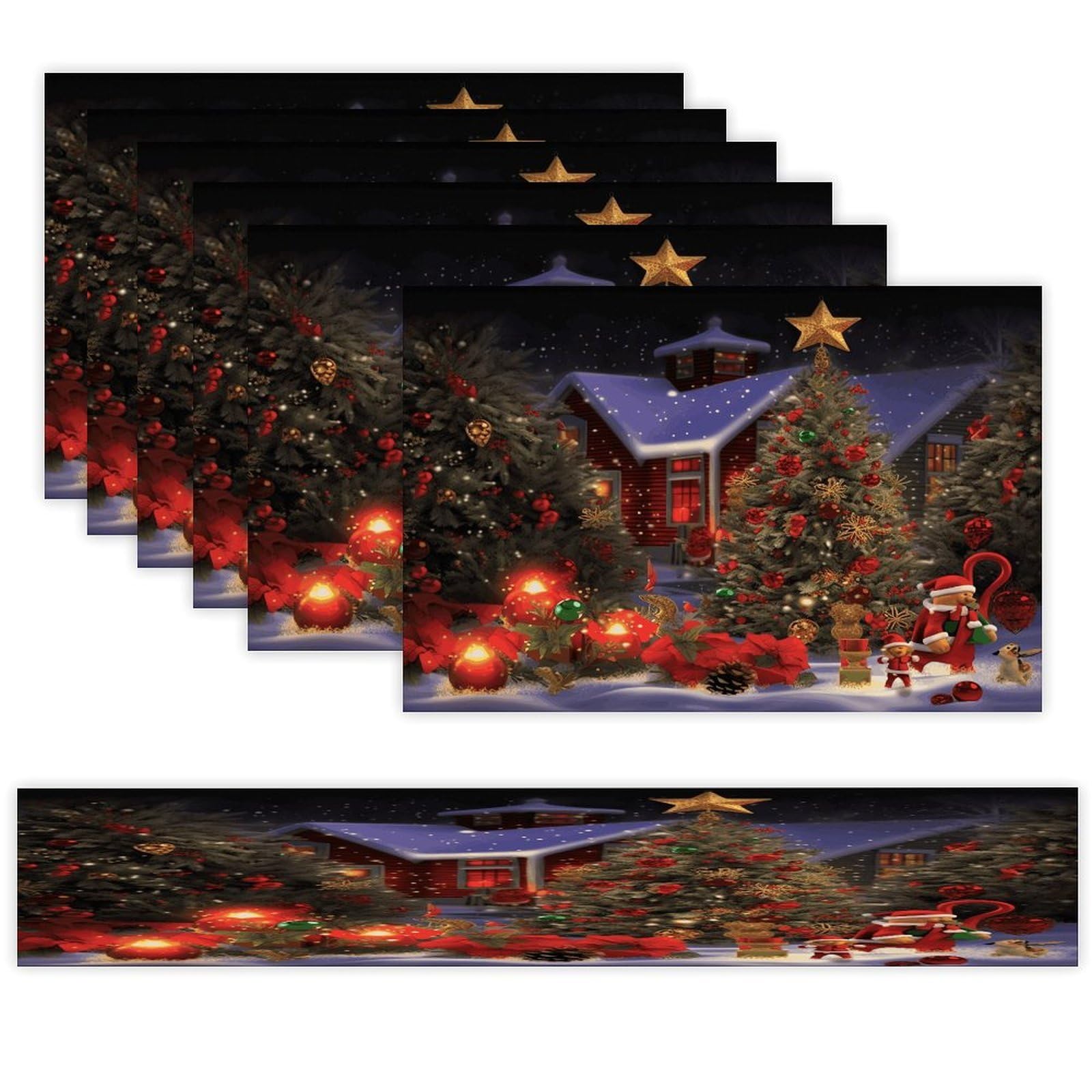 Christmas Cheer Table Runner and Placemats Set of 6 Heat Resistant Table Runner Place Mats Modern Cloth Table Mat Washable Linen Placemat Festive Reusable Set
