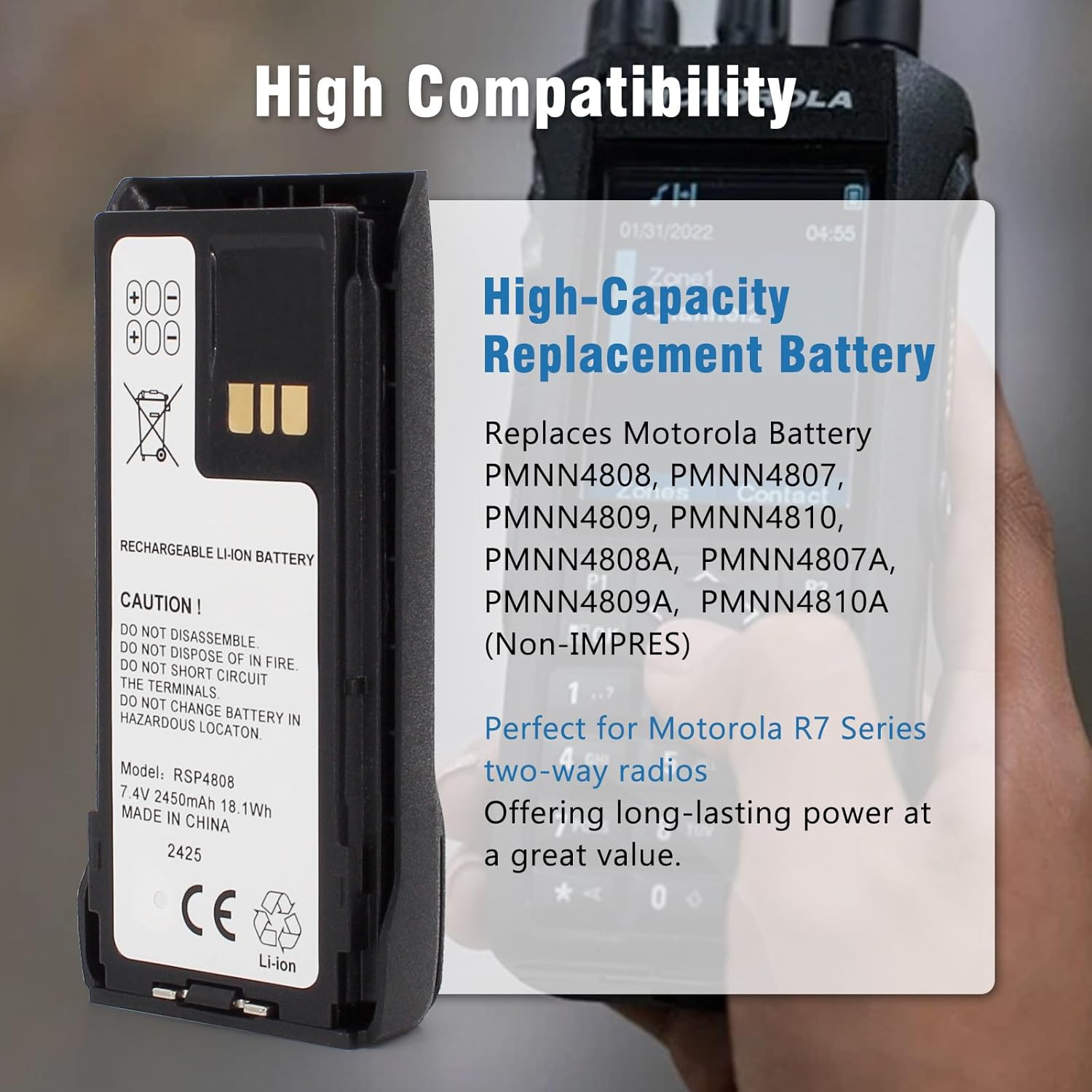 PMNN4808 Replacement Battery for Motorola R7 Series - 7.4V 2450mAh Li-Ion with Belt Clip, Compatible with PMNN4807/PMNN4809/PMNN4810 (Non-IMPRES)