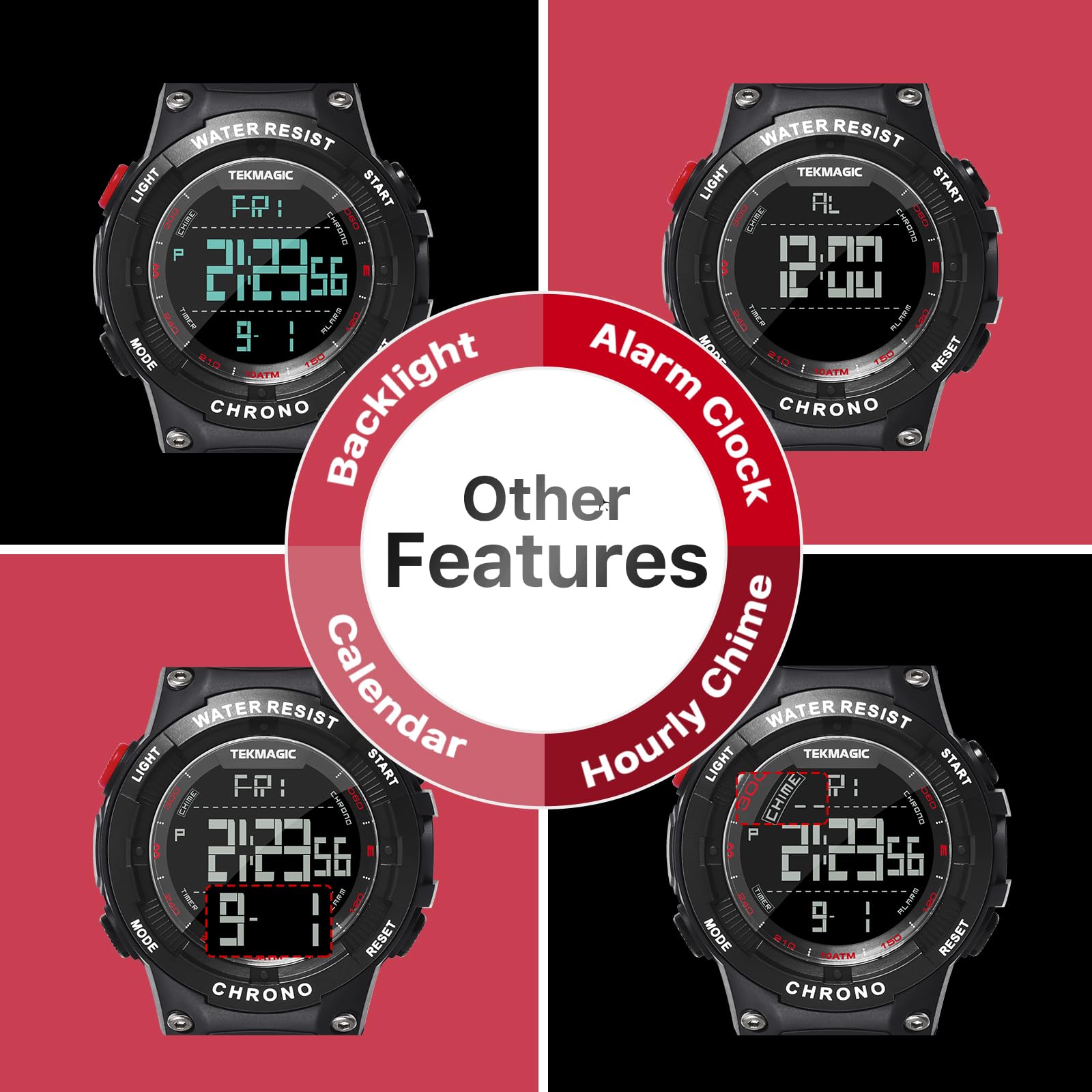 Montre Sport Homme Etanche 10 Atmosphères pour Plongée et Piscine avec Chronographe, Réveil, Minuteur, Double Fuseau Horaire, Calendrier, Rétroéclairage, Format 12 ou 24 Heures