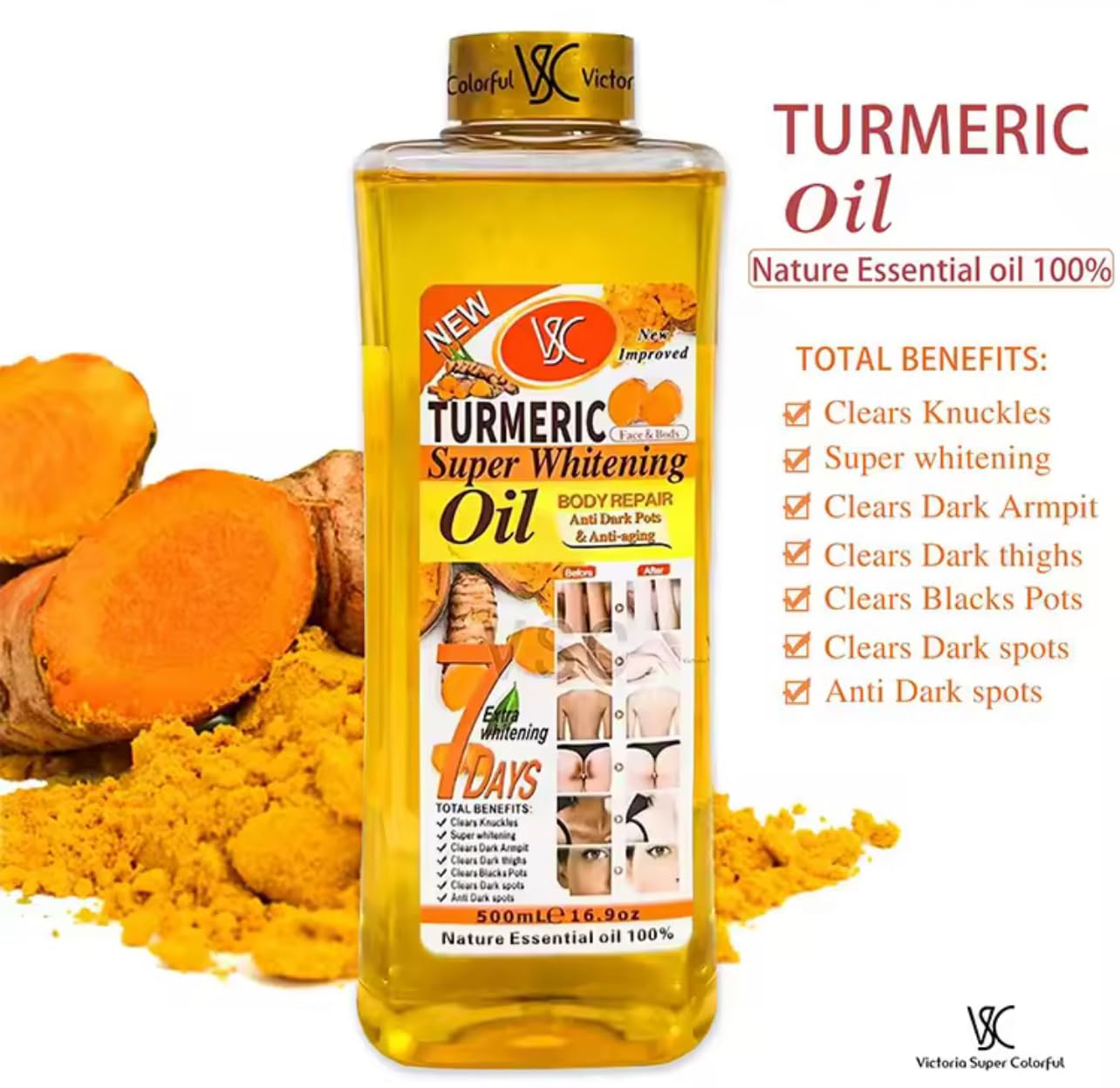 Turmeric Oil Super Whitening Face & Body Moisturizer Nourishing Anti-aging Correct Spots Wrinkle Skincare Essential oil 500ml/16.9oz (500ml/16.9oz)