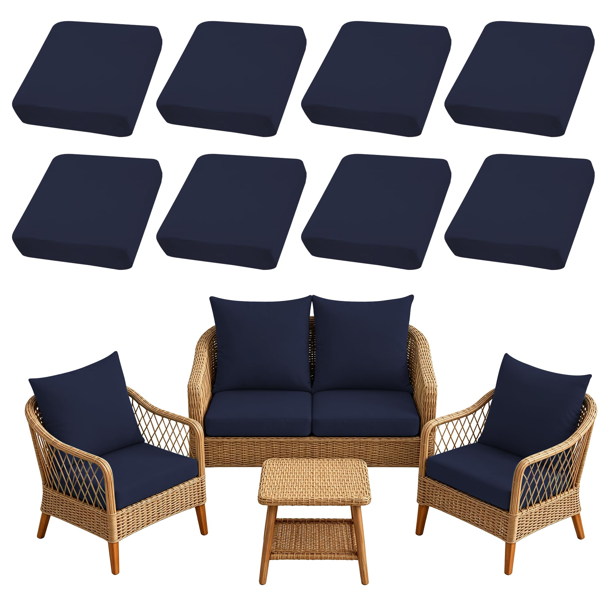 8PCS Patio Cushion Covers.Patio Furniture Couch SeatSlipcovers (Navy Blue, 8PCS)