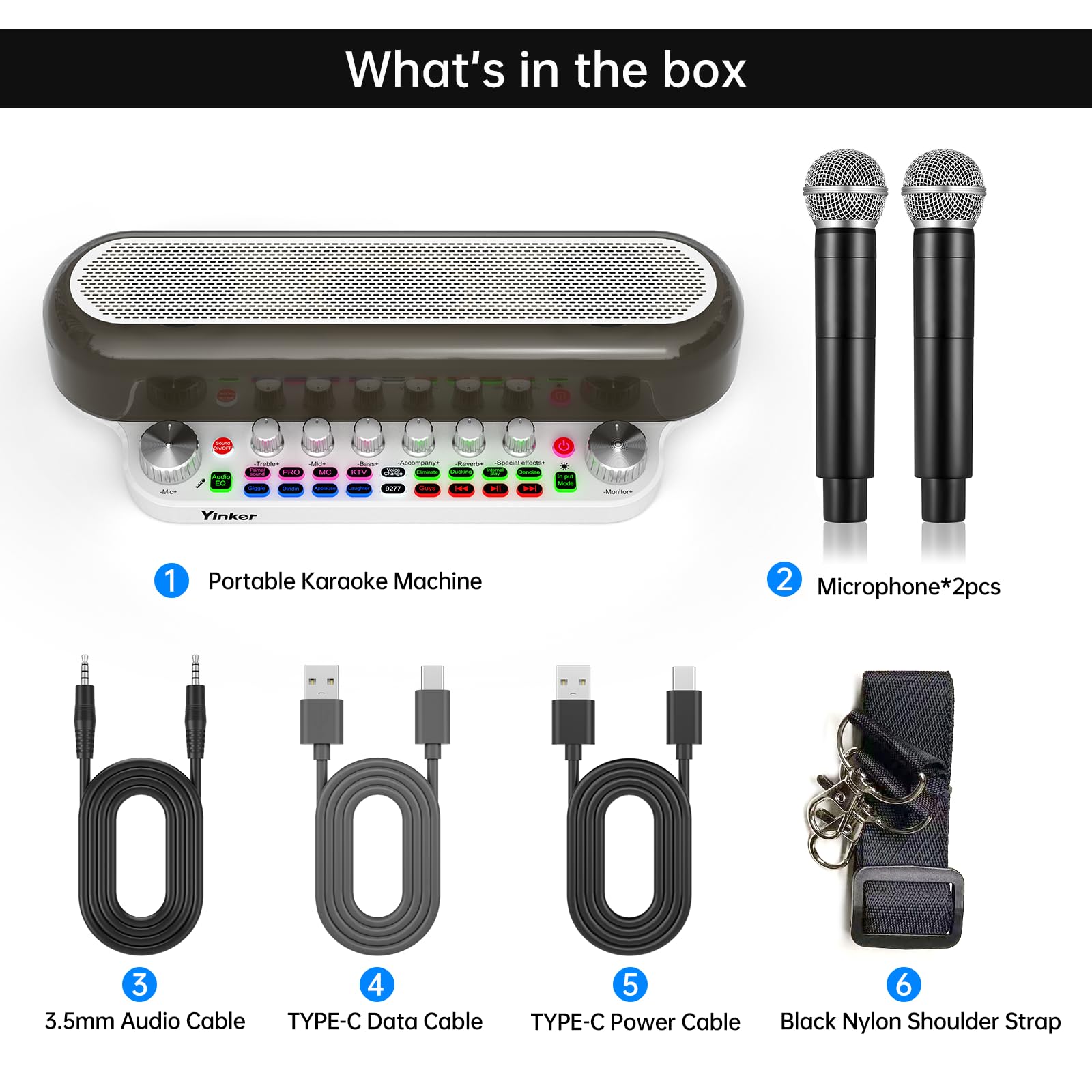 Macchina per karaoke con 2 microfoni wireless, scheda audio portatile Bluetooth Live con bassi/alti, effetti sonori, OTG, ingresso AUX per live streaming, feste in casa, all'aperto, regali