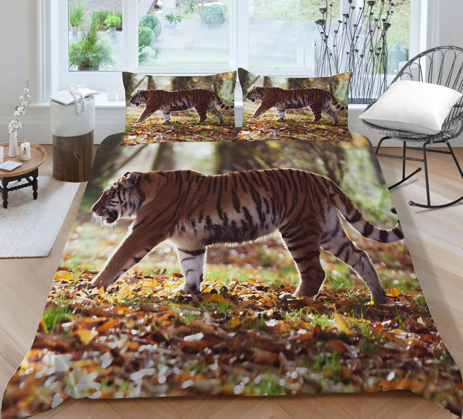 Parure housse de couette 140x200 tigre jaune en microfibre pour lit enfant et ado avec zip
