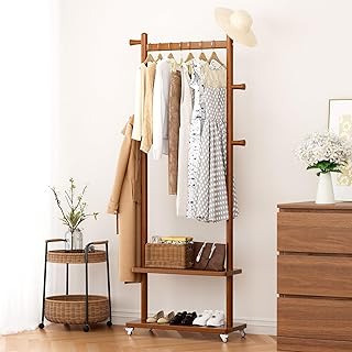 Coat Rack Freestanding Clothing Rack with Wheels & 2 Shelves Storage & 5 Hooks Heavy Duty Clothes Rack Wood Coat Tree Stand Hat Hanger Rack for Corner Bedroom Entryway Living Room Hotel Size L