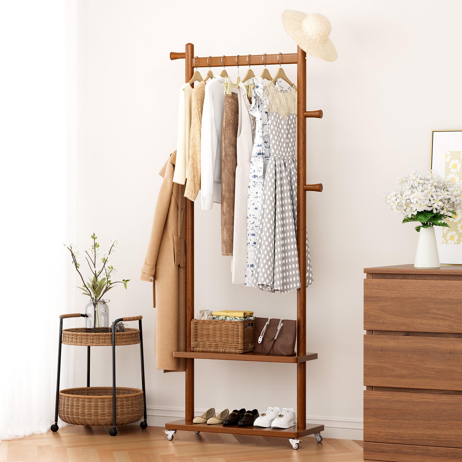 Photo 1 of Taitiy Coat Rack Freestanding Clothing Rack with Wheels & 2 Shelves Storage & 5 Hooks Heavy Duty Clothes Rack Wood Coat Tree Stand Hat Hanger Rack for Corner Bedroom Entryway Living Room Hotel Size L