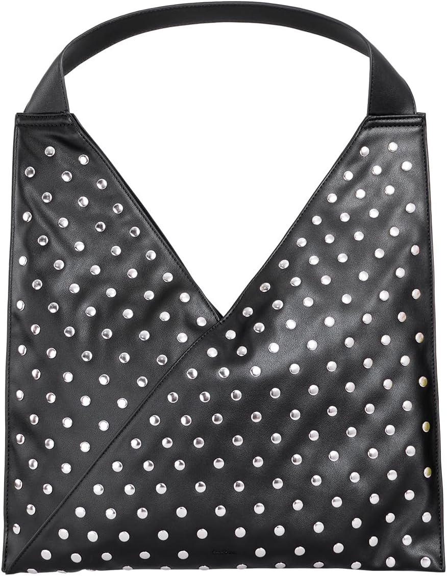 Black Studded Shoulder Bag, Large Vegan Leather Purse for Women, Edgy Tote Bag for Work and Daily Use