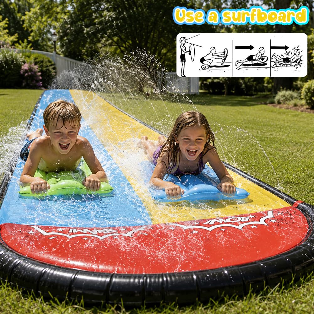 Doppelte Wasserrutsche für Garten 480x140cm mit 2 Bodyboards und Sprinkler