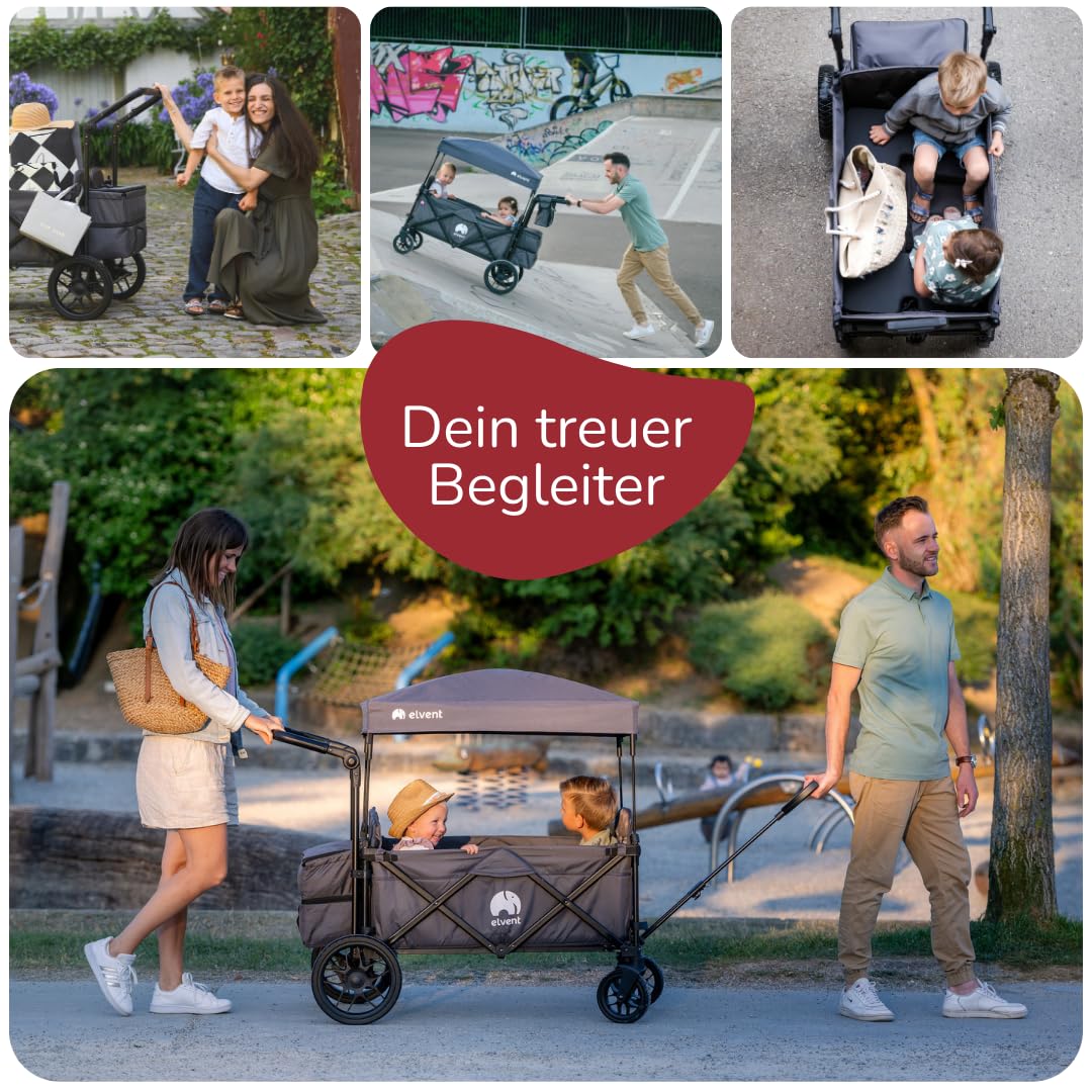 elvent® FamilyStar 2 Sitzer Bollerwagen | Handwagen faltbar mit Dach I Sitzpolster, Hecktasche, Feststellbremse, PU-Reifen, 5-Punkt-Gurte für 2 Kinder, Teleskop-Zugstange