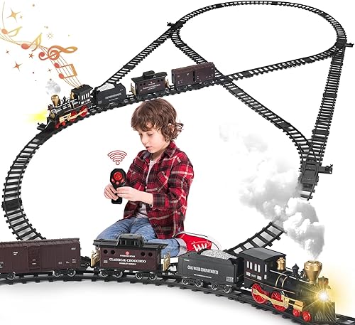 BUCUOYEYE Juguetes de tren para niños y niñas con humo, pistas, con locomotora de vapor, autos de carga, juguetes de tren de Navidad, regalos para