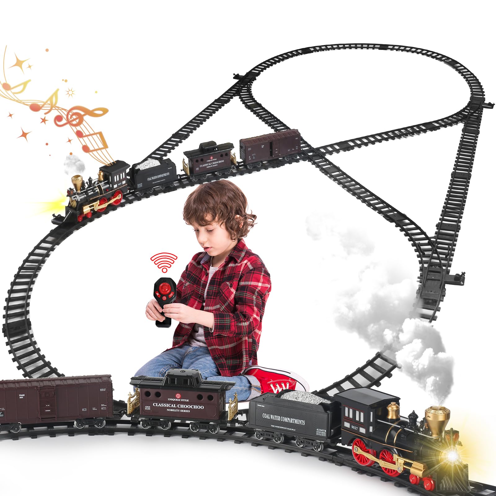 Train Set for Kids,Remote Control Electric Train Set for Children with Tracks,Steam Locomotive Engine w/Smoke Sound Light Cargo Vehicle,Christmas Birthday Toys for Boy for 3 4 5 6 7 8+ Year Old Kids