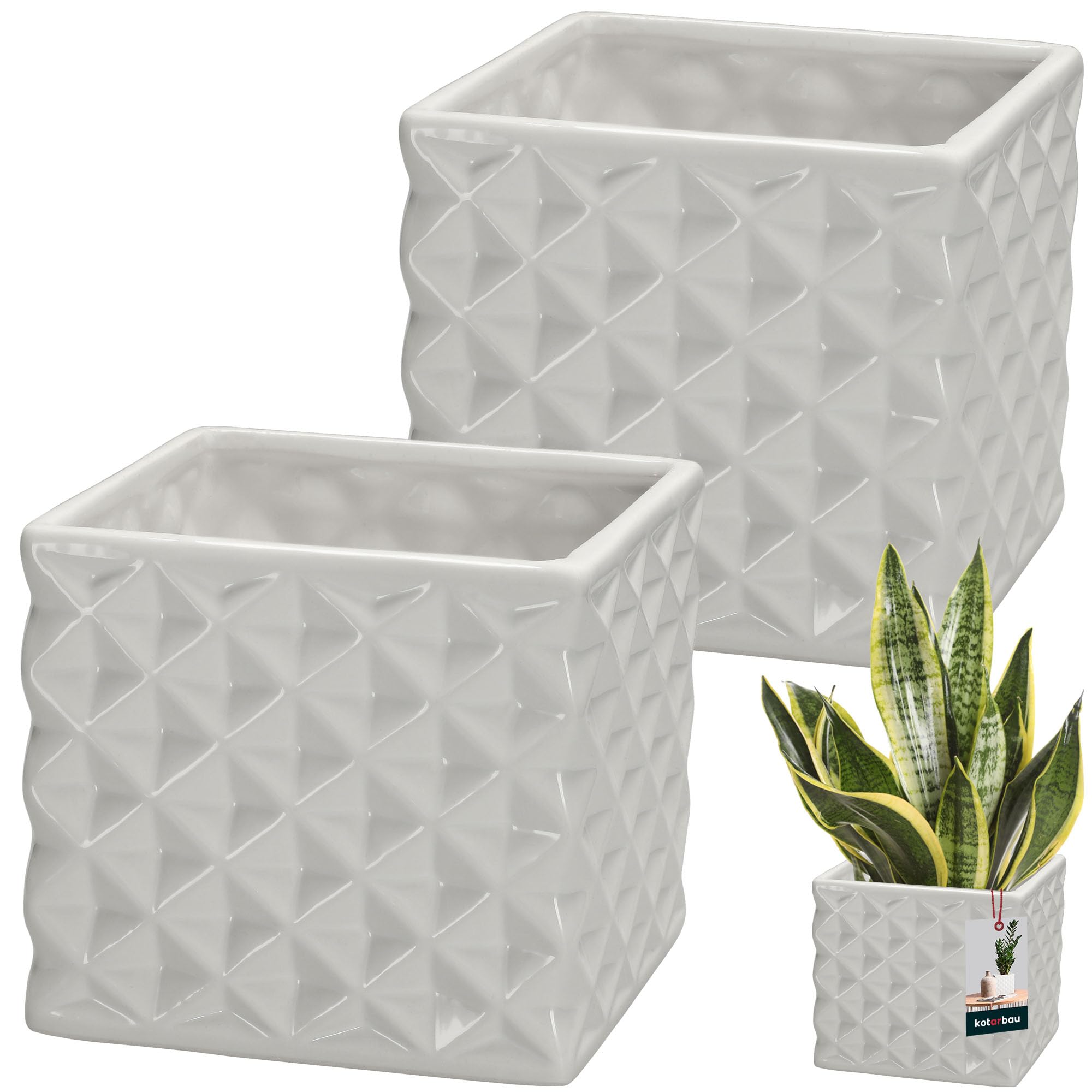 KOTARBAU® Set of 2 Flower Pots, Ceramic Glazed Square, White, 14 x 14 cm, Height 13 cm, Planters for Indoor Plants, Orchids & Succulents Pot, Plants, Flowers, Planter, Flower Pot, Square