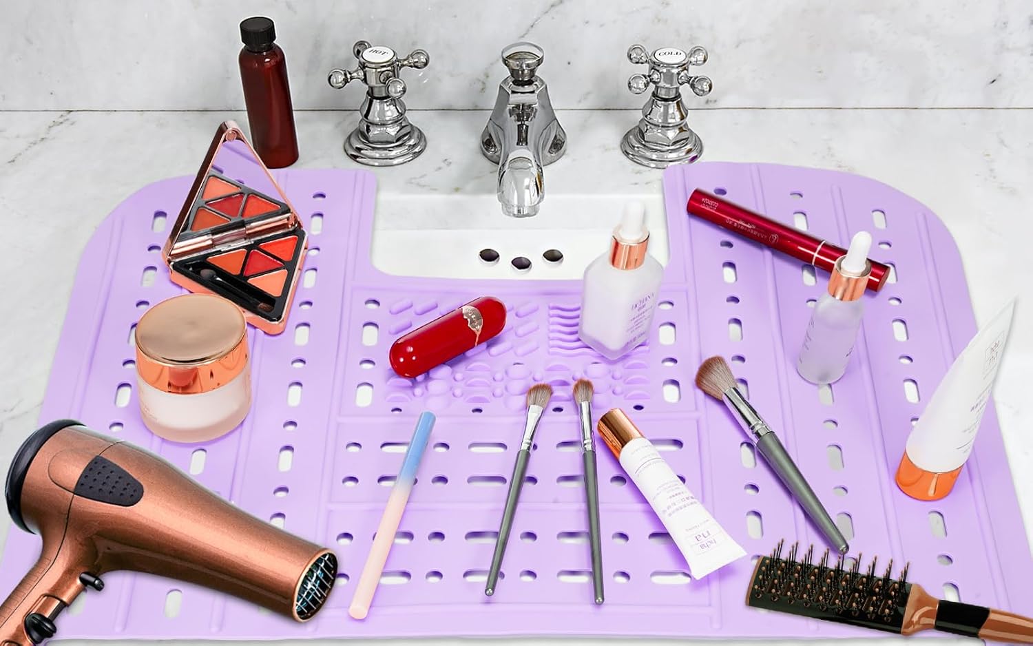 Bathroom Sink Cover for Counter Space, Heat-Resistant Silicone Sink Cover for Makeup Foldable Makeup Mat with Hanging Loop, Space Saver Sink Organizer Mat for Bathroom, 22 * 17" Purple