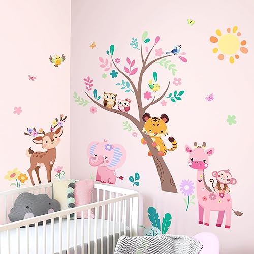 Miniatura 5 de Supzone Calcomanías de pared de árbol de animales de la selva, elefante rosa, jirafa, calcomanías de pared para niños y niñas, dormitorio, sala de