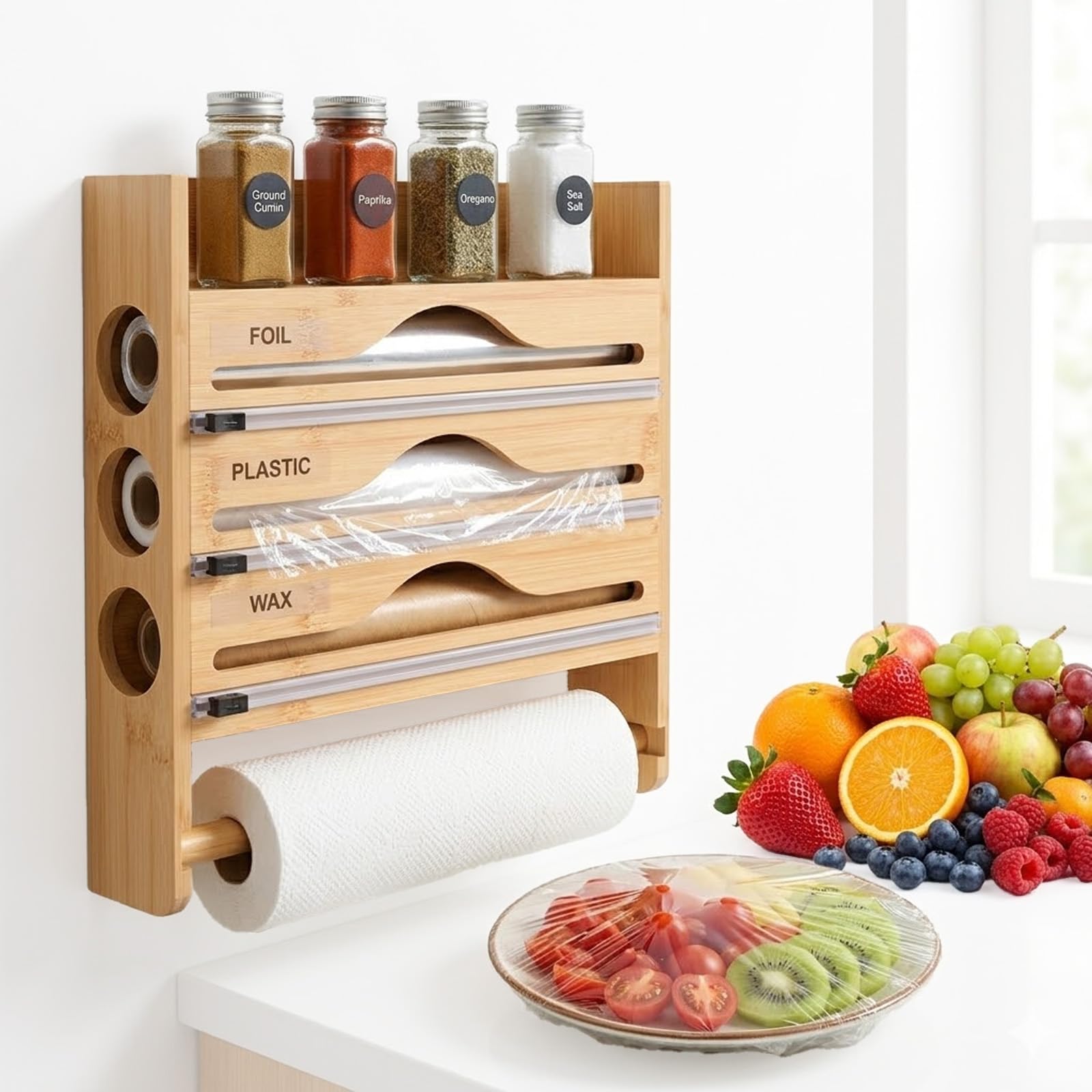 Dispenser di pellicola con taglierino,porta pellicola per cucina,pellicola di alluminio di bambù e pellicola trasparente organizer con coltello da taglio