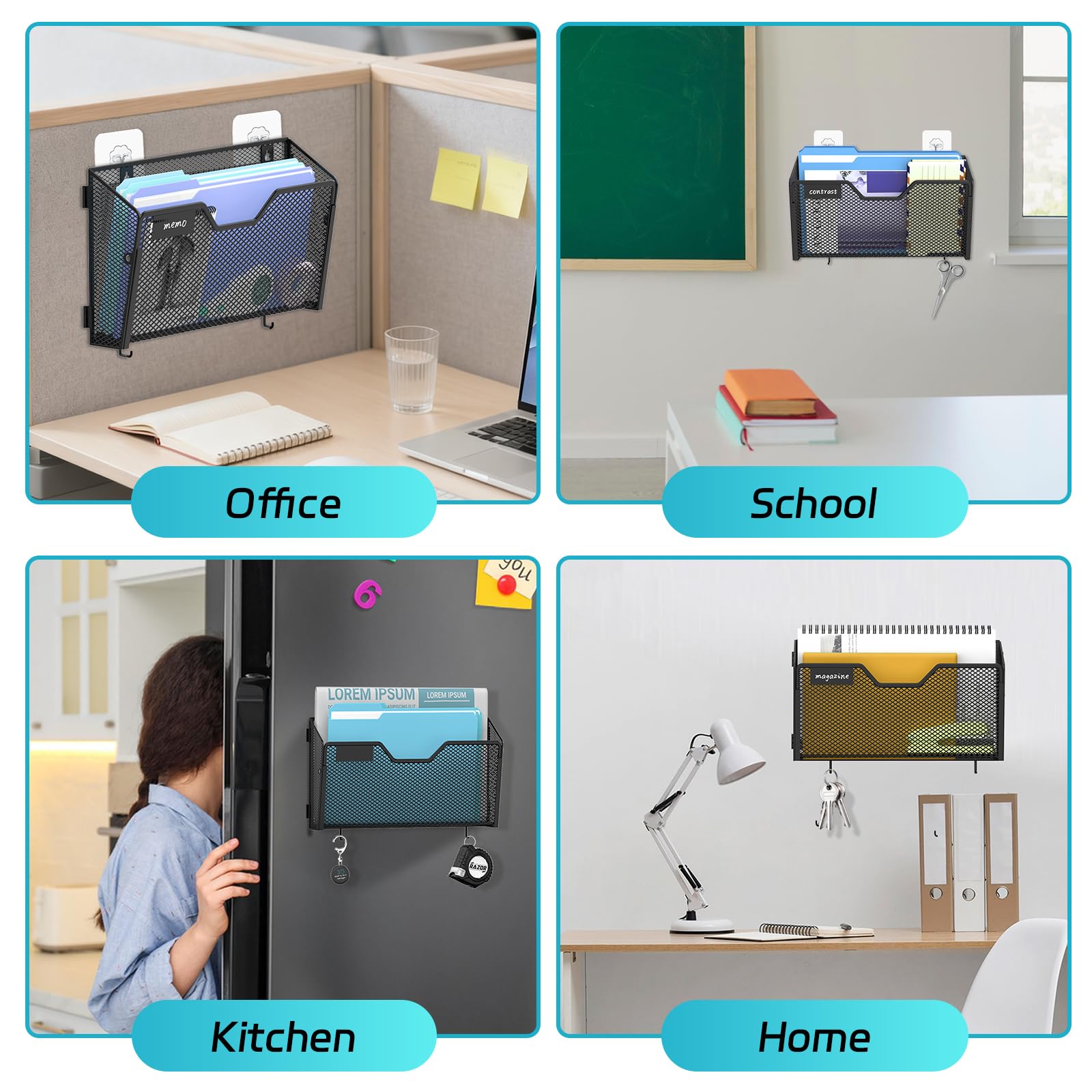 SUPEASY Porta documenti magnetico, confezione da 6 cartelle portadocumenti, senza fori, porta documenti e raccoglitori per casa/ufficio (con pannello per etichette, 14 ganci adesivi da parete)