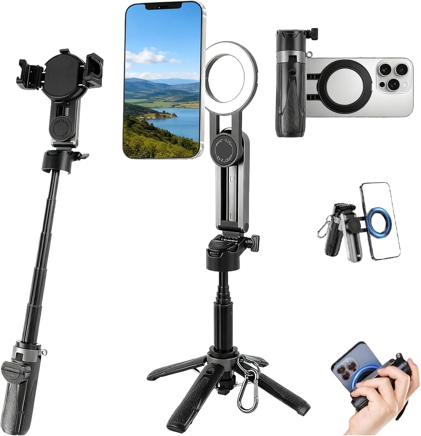 4-in-1 Multifunctional 360° Rotation Magnetic Selfie Stick for iPhone/Android – Portable Extendable Tripod with Detachable Remote, Universal Phone Mount & Metal Ring (Magnetic or Clip Combo)