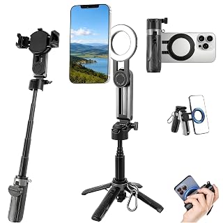 4-in-1 Multifunctional 360° Rotation Magnetic Selfie Stick for iPhone/Android - Portable Extendable Tripod with Detachable Remote, Universal Phone Mount & Metal Ring (Magnetic or Clip Combo) - Amazon product rated Grade A