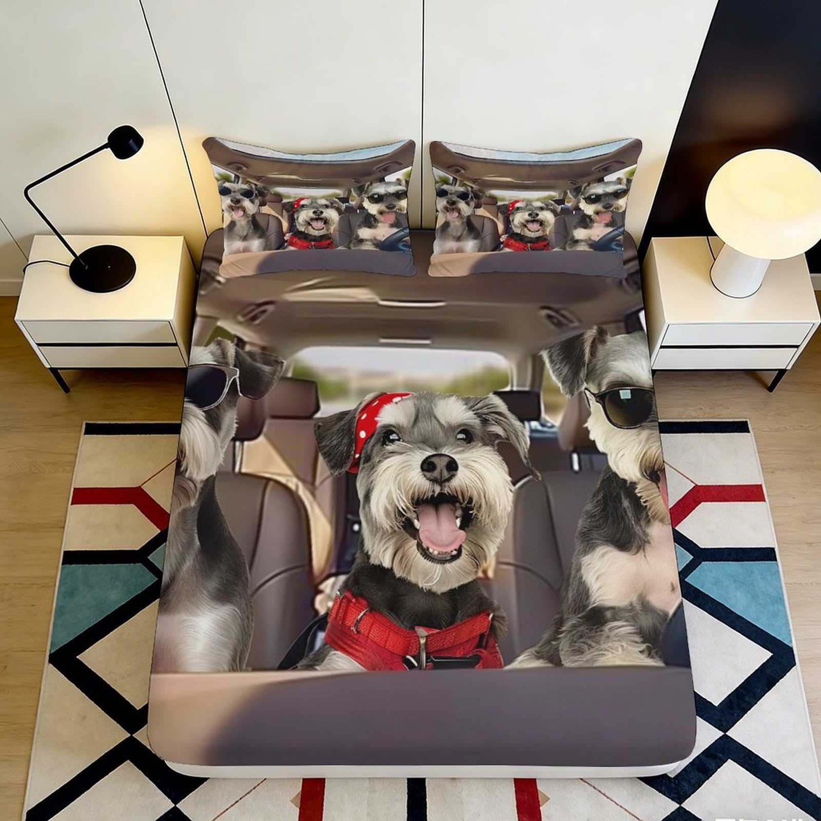 Pnayamiorkfel Style-7 3D Printed Schnauzer Dog Car Fitted Sheet Microfiber Anti-Slip Bed Cover For Bedroom Dorm Guest Room Washable Decor 90X200x25cm