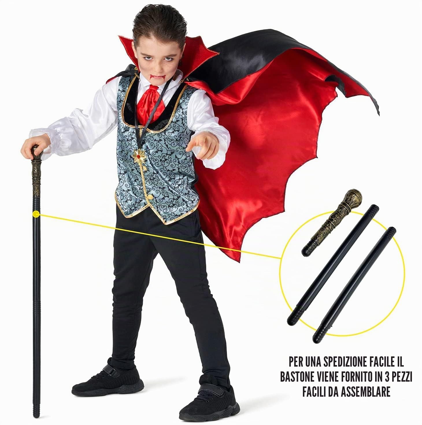 Morph Costume Vampiro Bambino, Costume Halloween Bambino | Panciotto con Camicia, Mantello, Bastone & Medaglione, Look Gotico, Perfetto per Halloween, Ideale per il Gioco di Ruolo