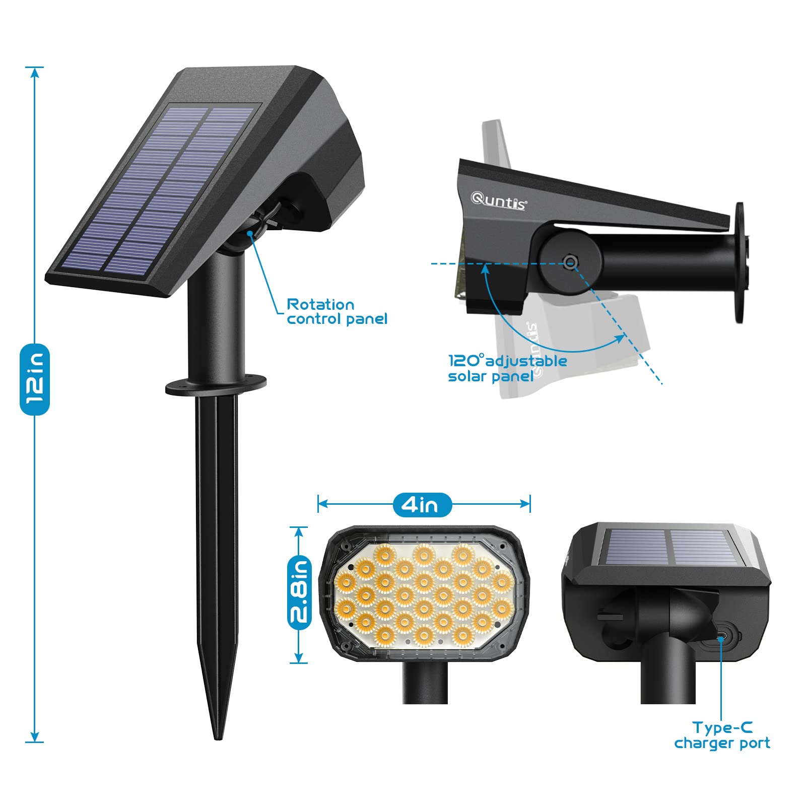 Quntis 4Pcs Lampade Solari da Giardino 3 Modes Faretto LED da Esterno Solare IP65 Impermeabile Luci Solari da Esterno Bianco Caldo Faretti Solari Potenti Luci Esterno Energia Solare per Cortile Patio