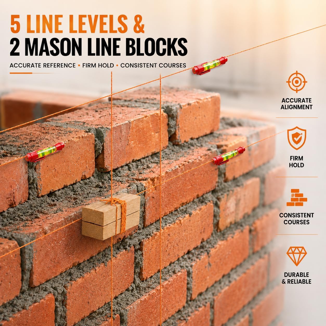 10PCS Masonry Line String Set with 2 Rolls 540FT | #18 Mason Line & Reel,Dual Color High Visibility,2 Beech Wood Line Blocks,Post & Pipe Level, 5 Line Levels