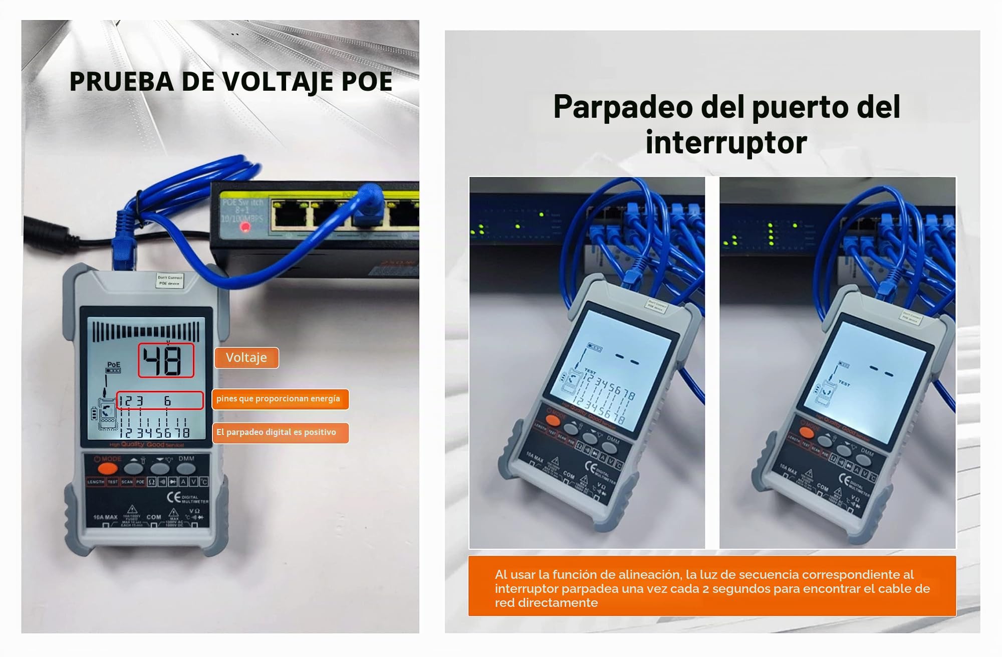 KALEA-INFORMATIQUE Comprobador de red profesional digital LCD RJ45 RJ11. Mapeo, continuidad, longitud, POE, tensión, seguimiento, linterna VP616 Recargable | Probador de red recargable LCD RJ45/RJ11 con funciones de mapeo, longitud, continuidad, PoE y loc