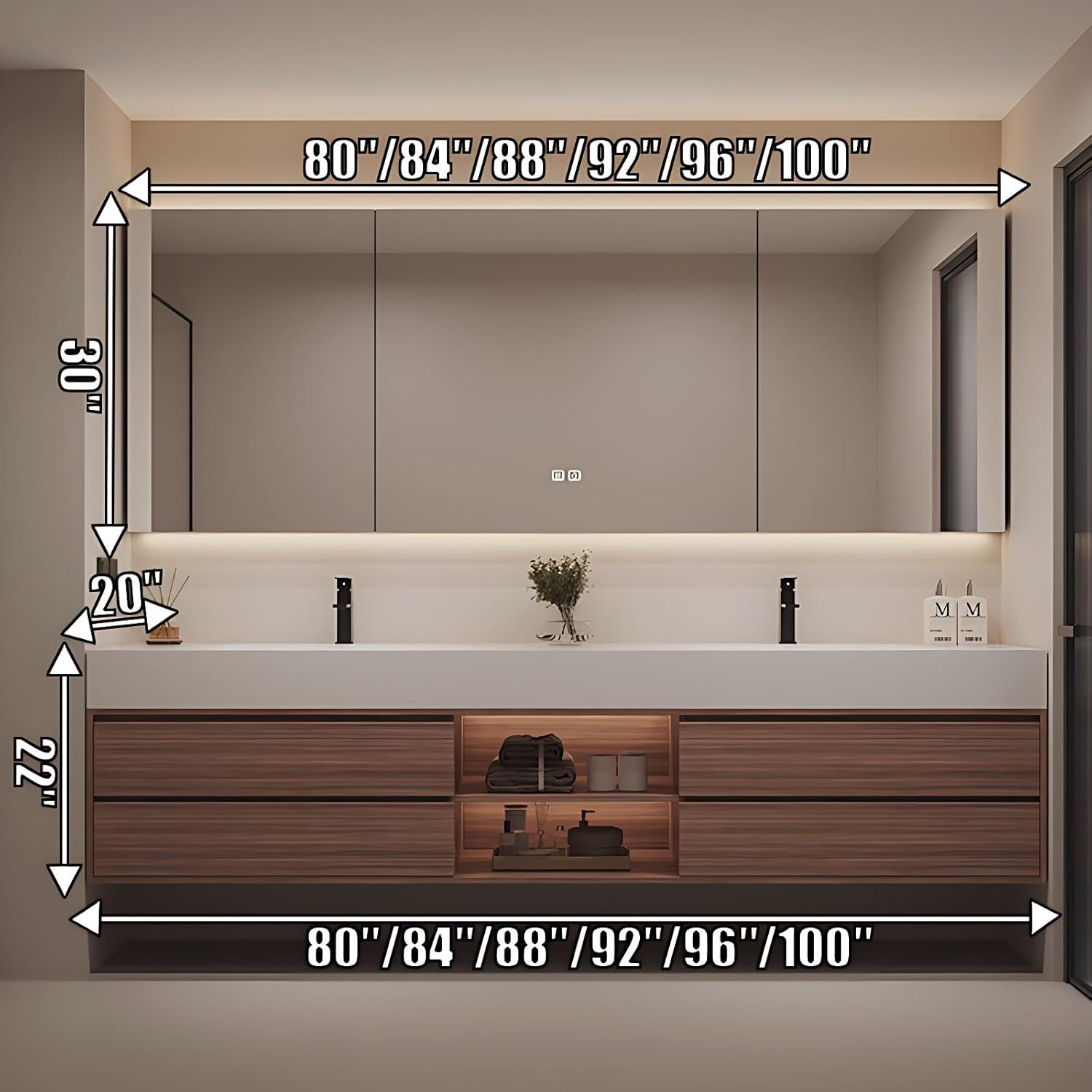 Floating Bathroom Vanity with Sink – Modern Wall Mounted Bathroom Vanity Cabinet Set with LED Anti-Fog Mirror, Soft Close Drawers, Seamless Sink – Cabinet with Sink (Grey,96IN)