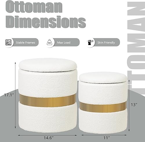 Miniatura 3 de Joveco Juego de 2 otomanas redondas de almacenamiento, reposapiés tapizado, asiento de mesa auxiliar con banda de metal para sala de estar y
