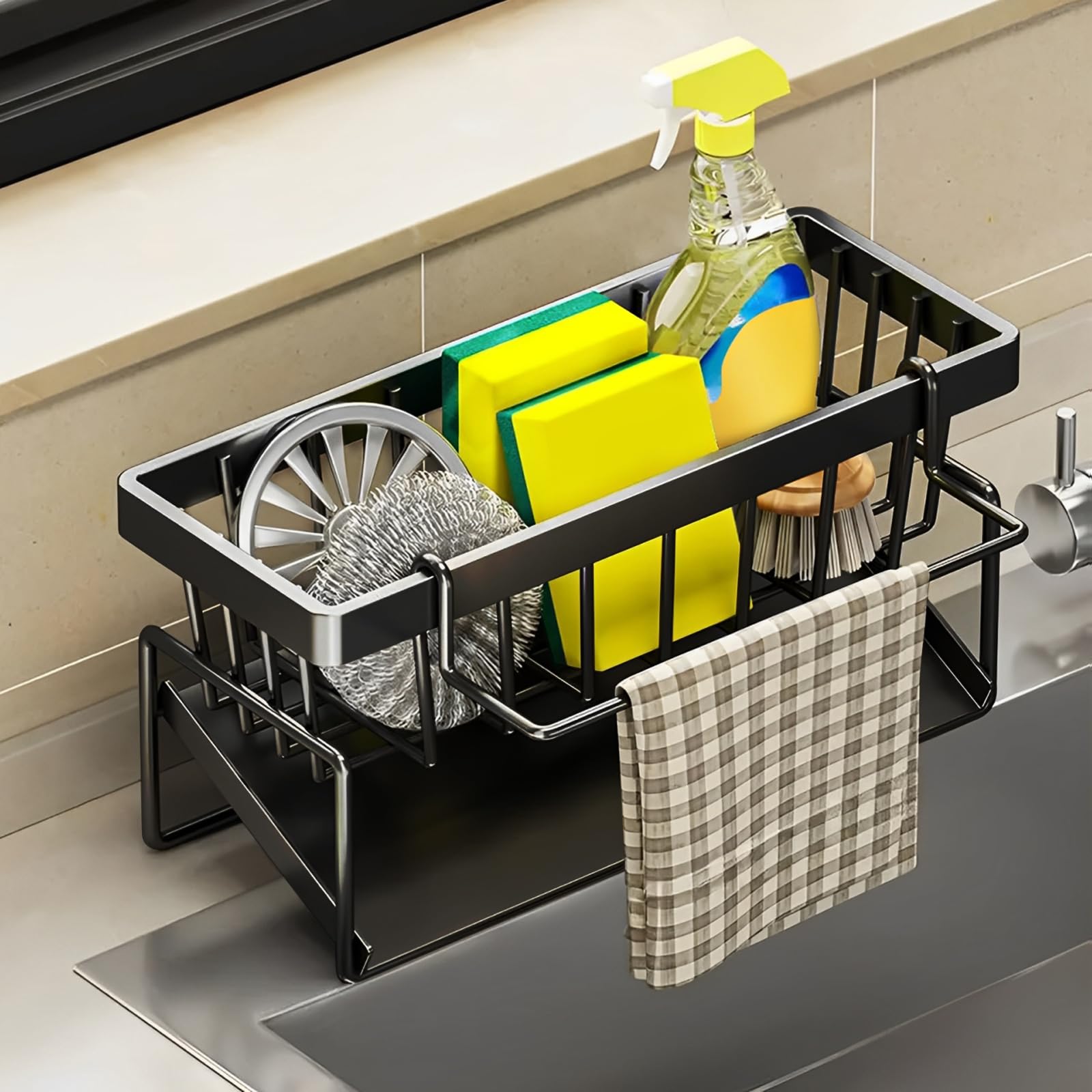 Yeqqzq Kitchen Sink Caddy Organiser, Sink Tidy Organizer, Storage Rack with Self Draining Tray, Dishcloth Hanger, Washing up Utensil Caddy, Kitchen Soap Holder (Black)