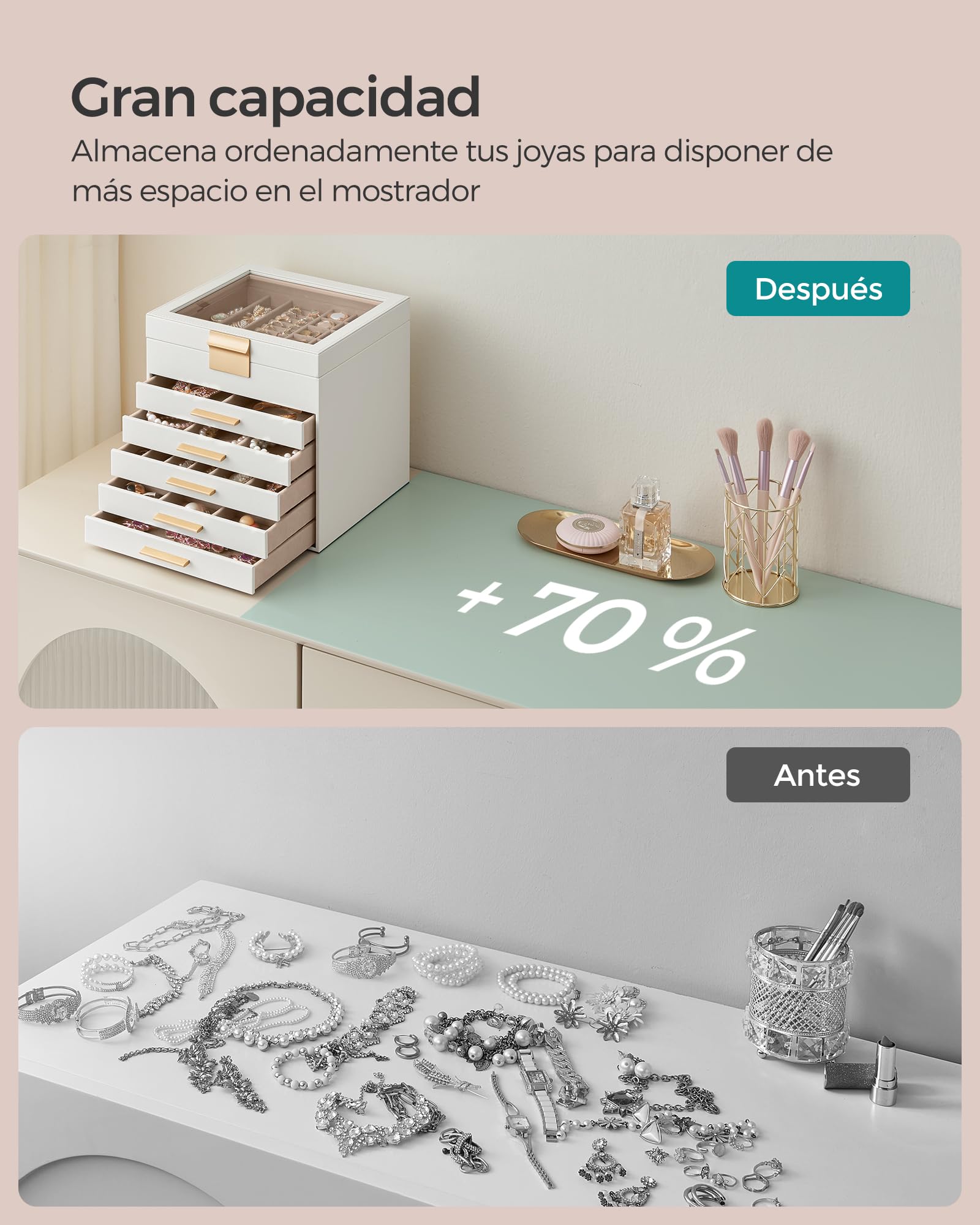 SONGMICS GISELLA Caja de Joyas 6 Niveles 5 Cajones 20,3x23,1x22,8 cm Blanco Nube y Dorado