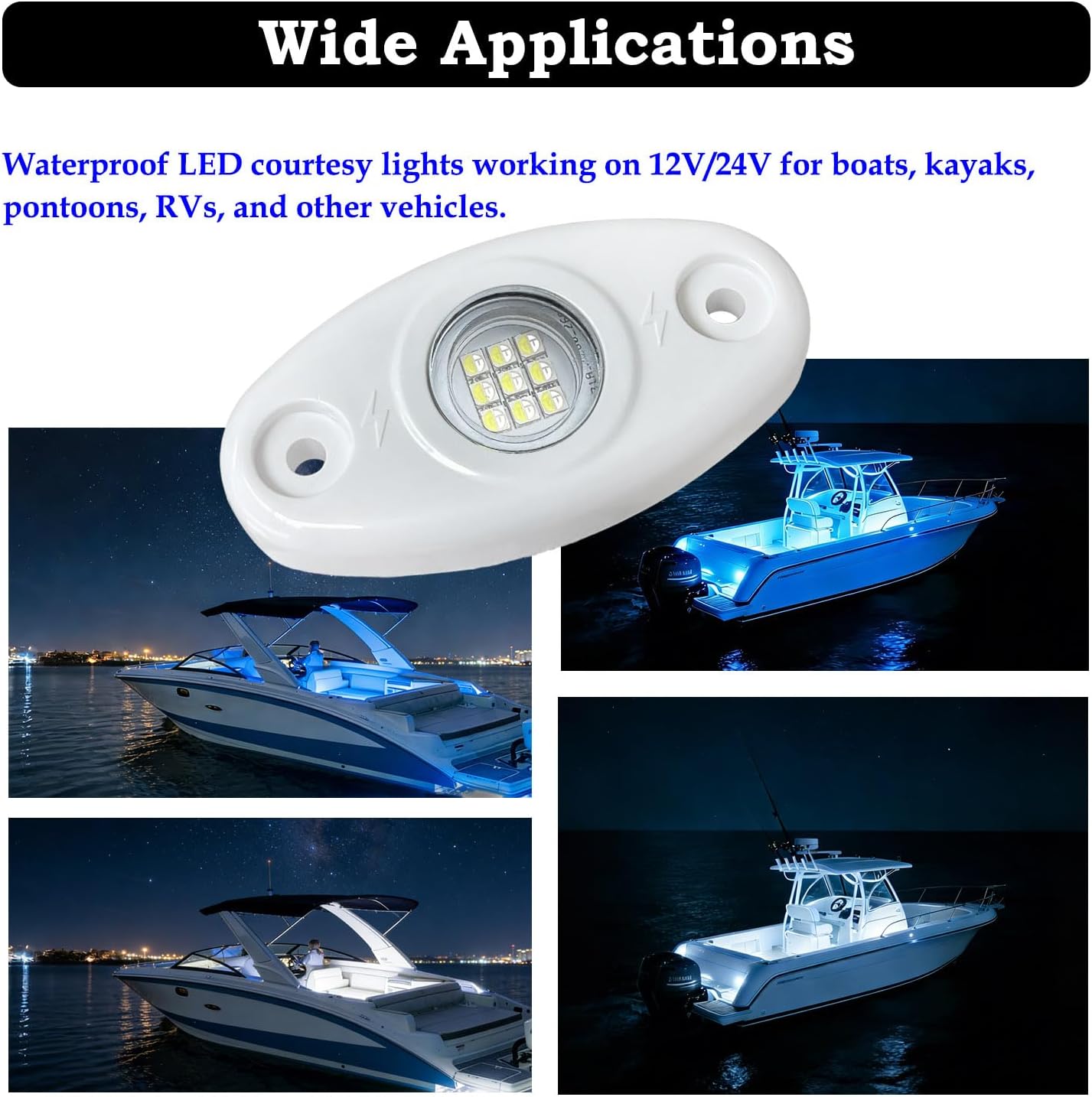 Marine Courtesy Lights, Dual Color White/Blue Boat Interior Lights | 6Pcs Boat Courtesy Lights LED, Surface Mount Marine LED Deck Lights for Pontoon Bass Boat Jet Ski 12V/24V