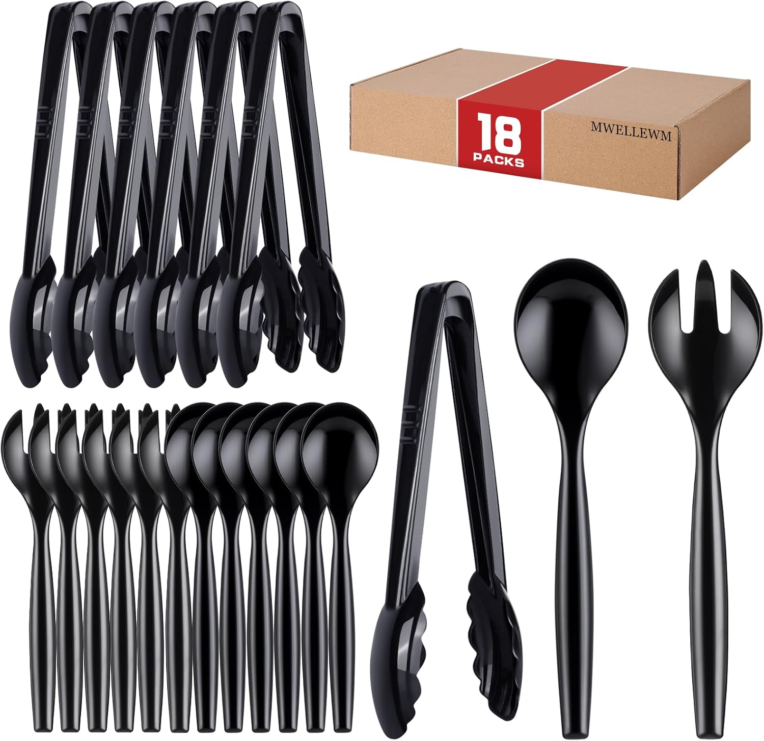 Mwellewm 18-Piece Black Plastic Serving Utensils Set - 10" Disposable Spoons, Slotted Forks & Tongs for Buffets, Parties, Catering