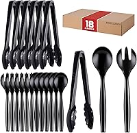 Mwellewm 18-Piece Black Plastic Serving Utensils Set - 10" Disposable Spoons, Slotted Forks & Tongs for Buffets, Parties, Catering