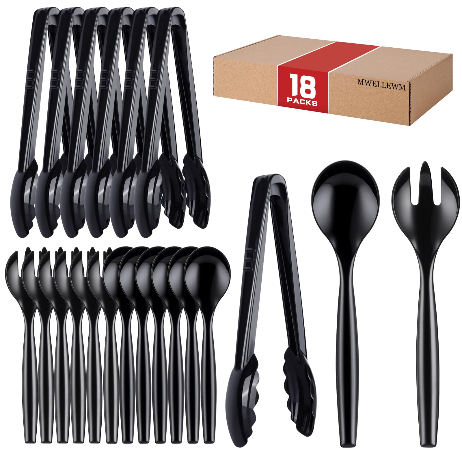 Mwellewm Plastic Serving Utensils Set, 18-Pack Disposable Tongs, Spoons and Forks for Buffet