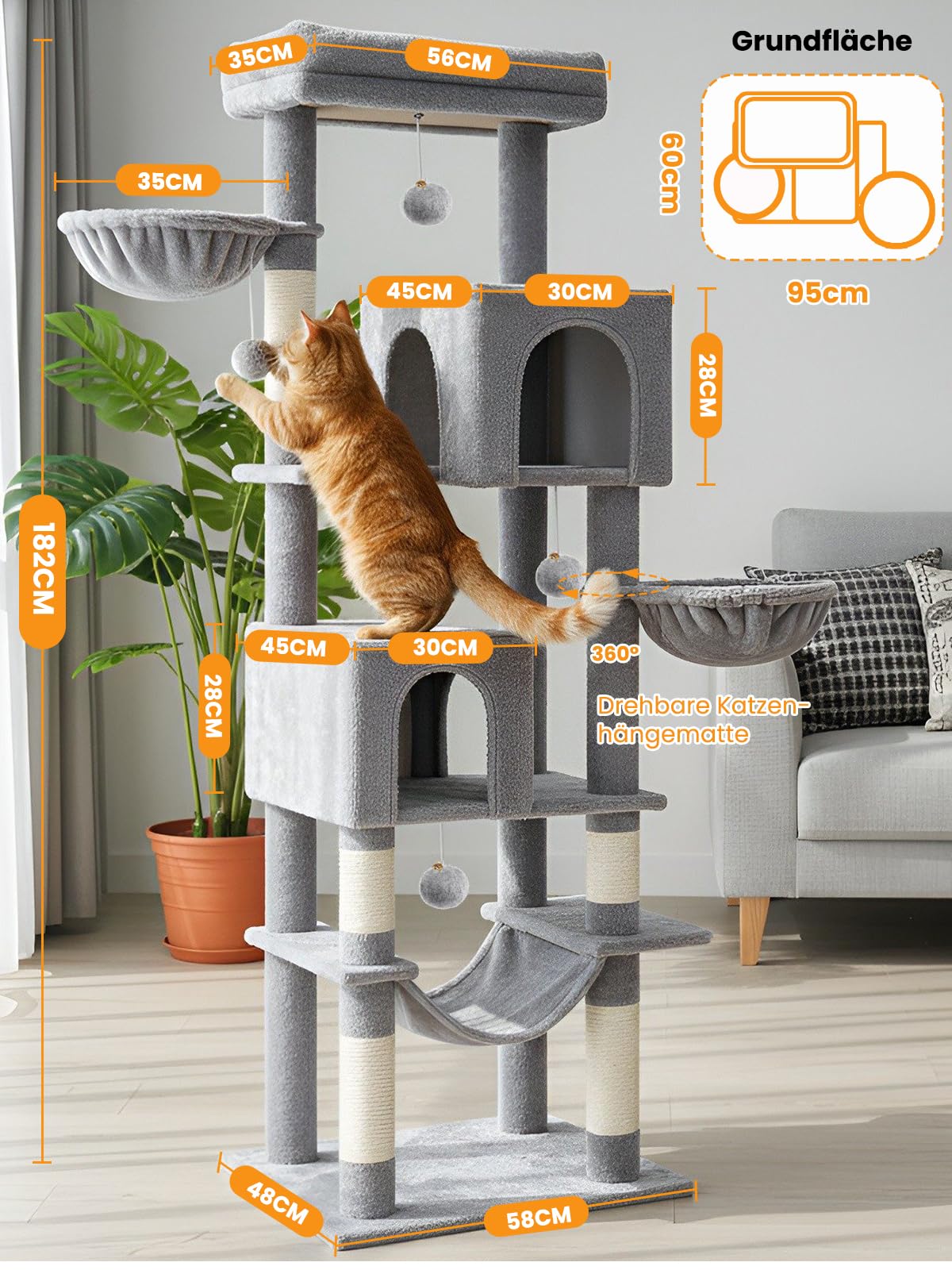 Árbol rascador grande, XXL, 180 cm de alto, con grandes plataformas, 5 columnas para rascar, 2 cuevas, 2 cestas, bolas de peluche, hamaca, cepillos para gatos y protección antivuelco
