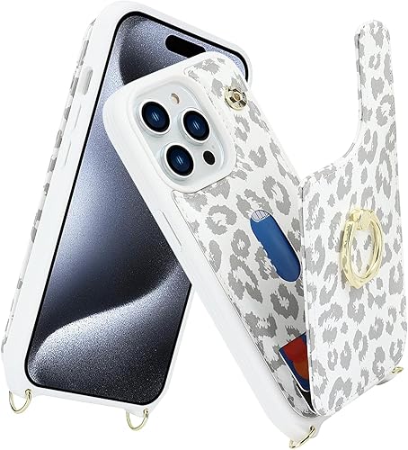 Miniatura 2 de Funda para iPhone 15 Pro Max con tarjetero para mujer, iPhone 15 Pro Max con correa, cordón cruzado, soporte de anillo, cierre a presión, bonitas