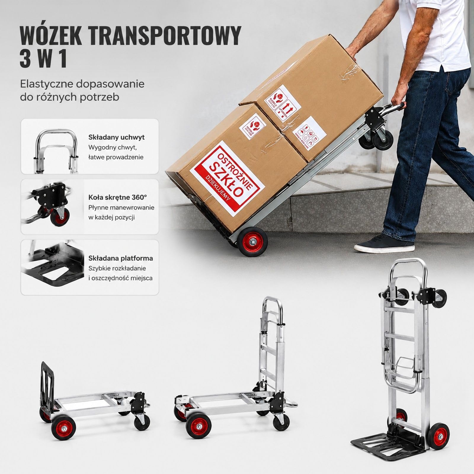 Składany wózek transportowy 2 w 1 z aluminium i stali węglowej, wózek ręczny i platformowy, udźwig 113/181 kg, gumowe koła, do użytku wewnątrz i na zewnątrz