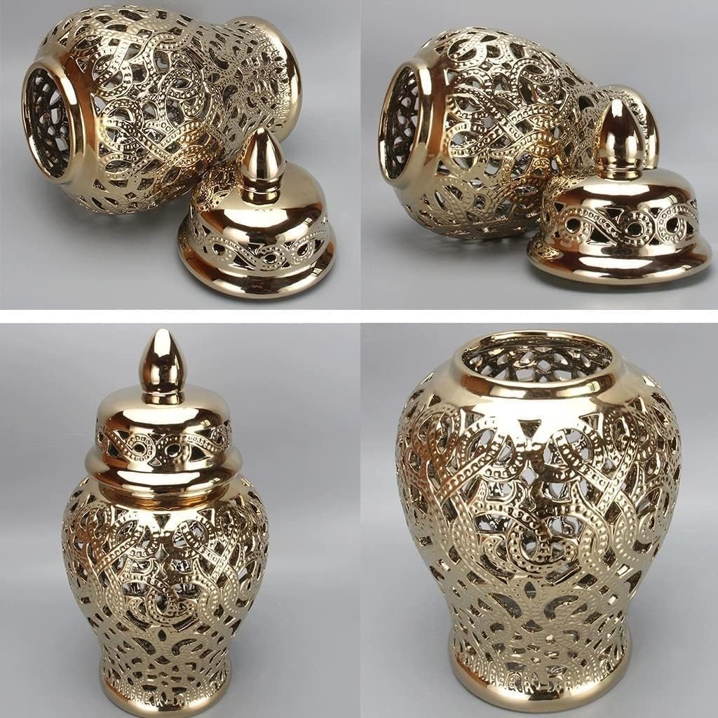 ELEFOCUS Vase Ginger Jar For Home Decoration, Ginger Jar With Lid Ceramic Temple Jar, Carved Lattice Gold Vase Decorations Jar(Large)