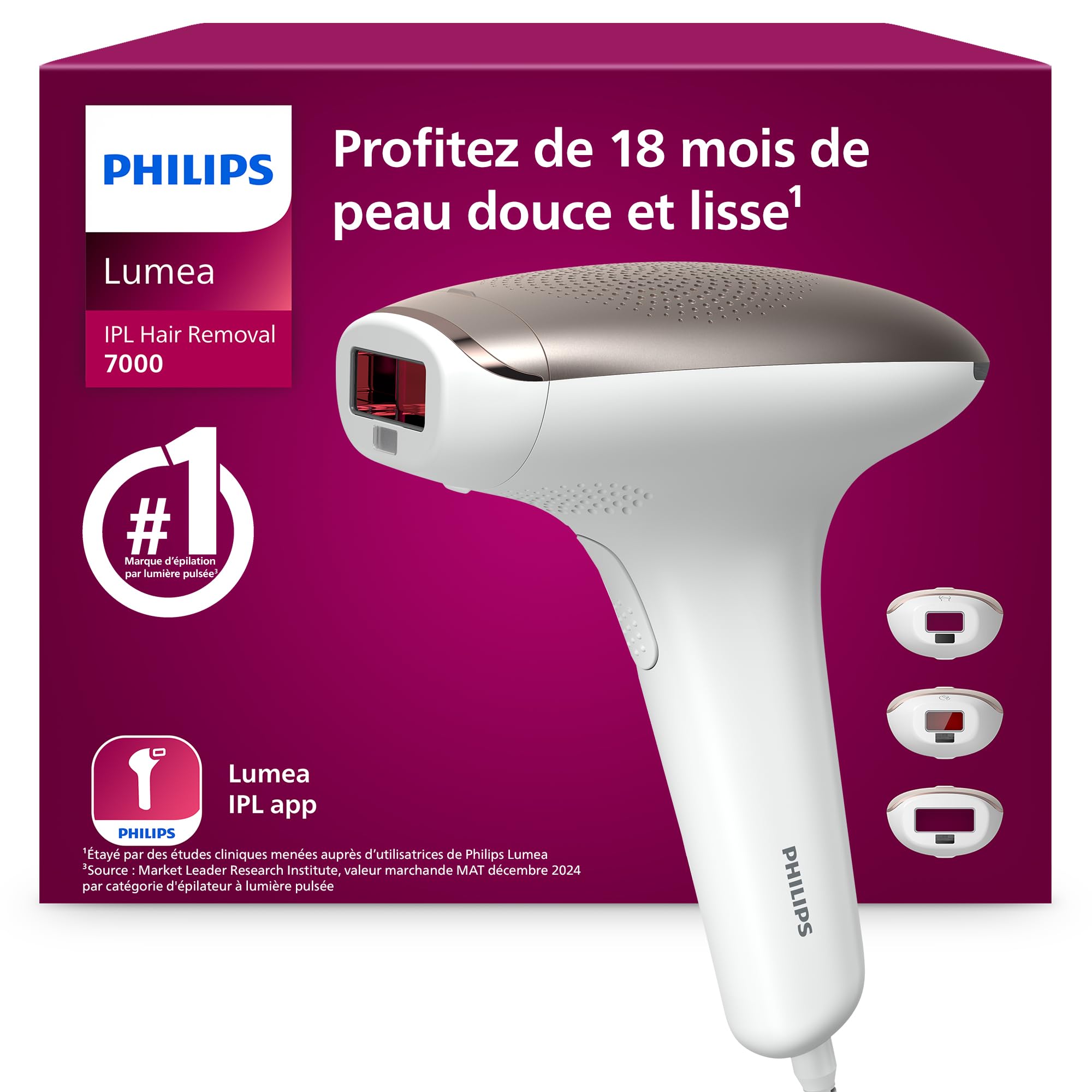 Philips Lumea série 7000, Épilateur à lumière pulsée, alternative à l'épilation laser, 3 embouts pour le corps, le visage et le maillot, modèle SC1999/00