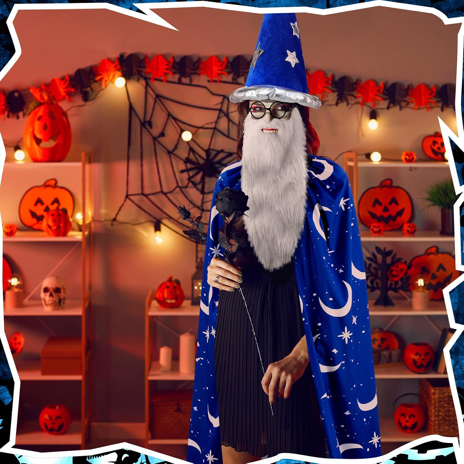 4 Pcs Halloween Wizard Cape Costume with Hat Glasses Beard Blue Cloak Party Set Unisex Wizard Party Costume Pretend Play and Dress Up - Image 6