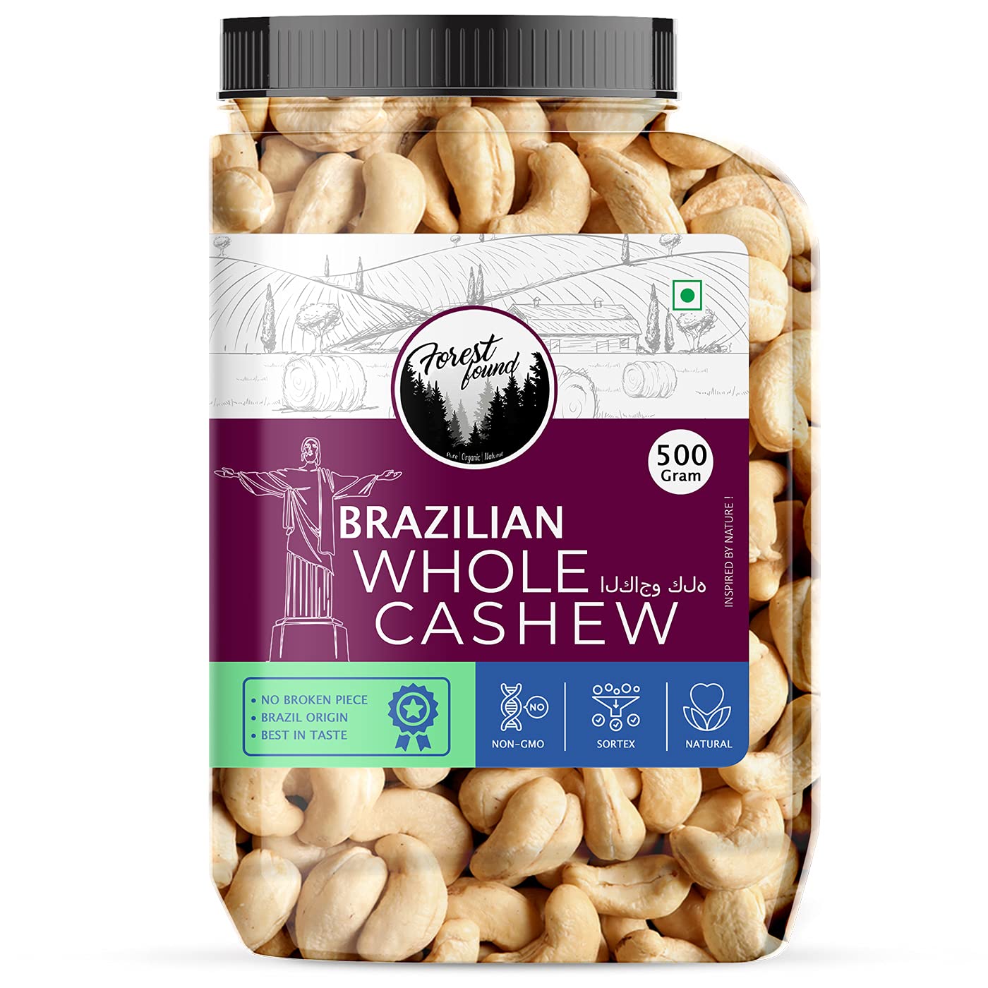 Forest Found Brazilian Whole Cashew Nut (500 Gm) | Jumbo Size Bigger Than W320 Premium Kaju Dry Fruits | 100% Natural, Fresh And Authentic