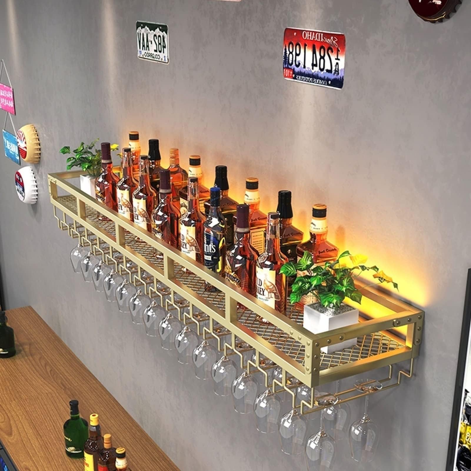 Wijnrek voor aan de muur, 3 niveaus, wandrek met 6 glashouders