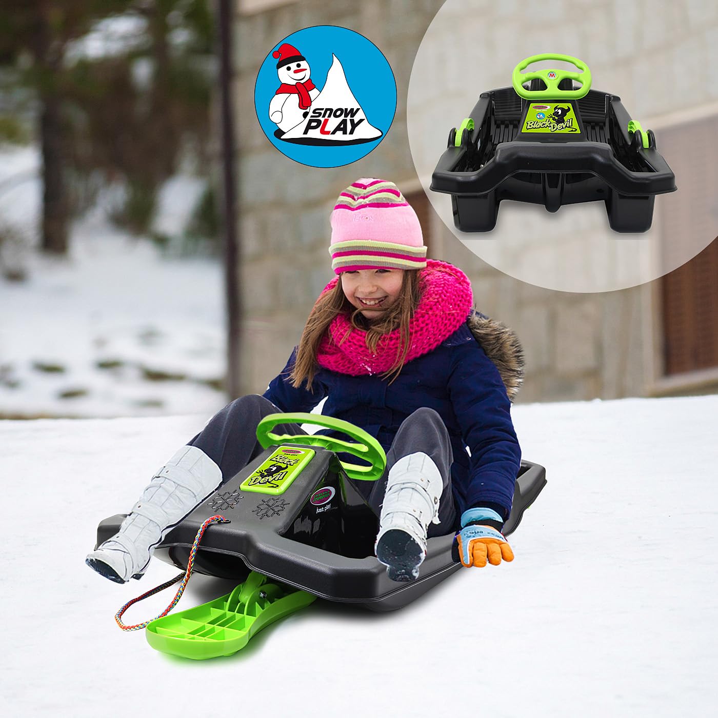 Snow Play Bob Black Devil Schlitten Lenkrad Bremse Handbremse ab 3 Jahren Schwarz