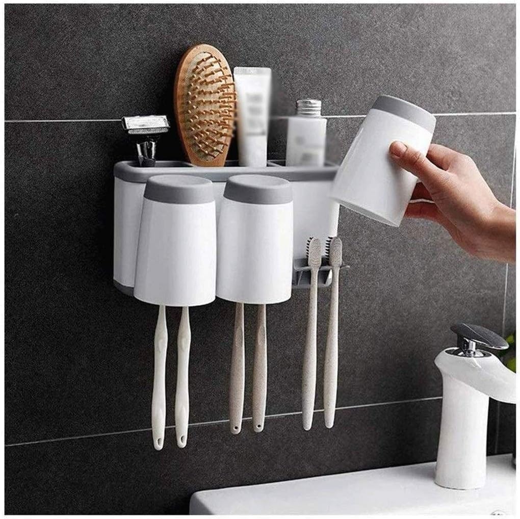 Toothbrush Holder Wall Mount 3 Cups Electric Storage Set,Plastic Tooth Brush Organizer for Bathroom,No Drilling Toothbrush/Toothpaste Stand(E)