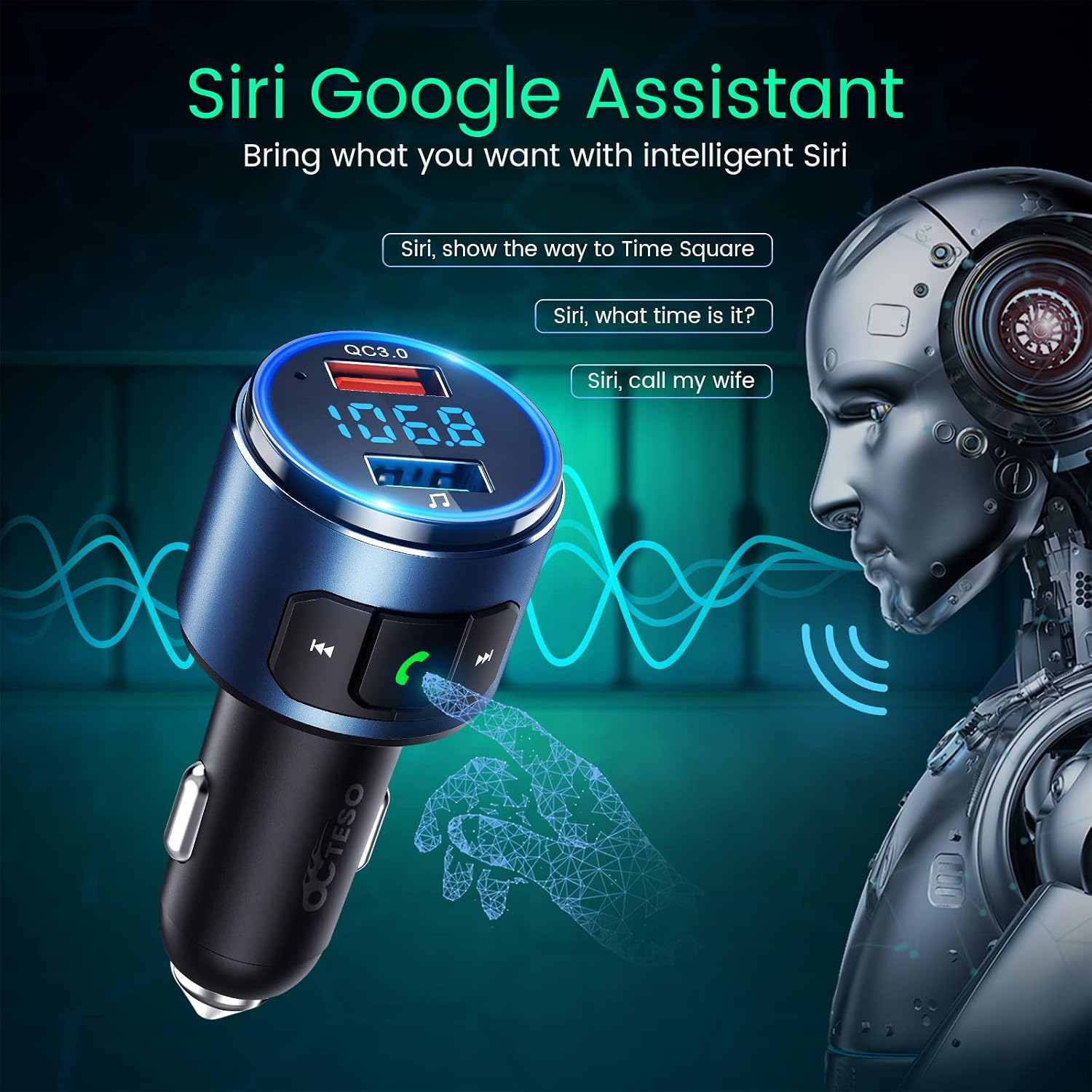 Octeso Upgraded FM Bluetooth Transmitter Car, QC3.0 Quick Charging & LED Backlit Bluetooth Car Adapter/FM Transmitter/Hi-Fi Music Player with Noise Cancelling Hands-Free Calls, Siri Google Assistant