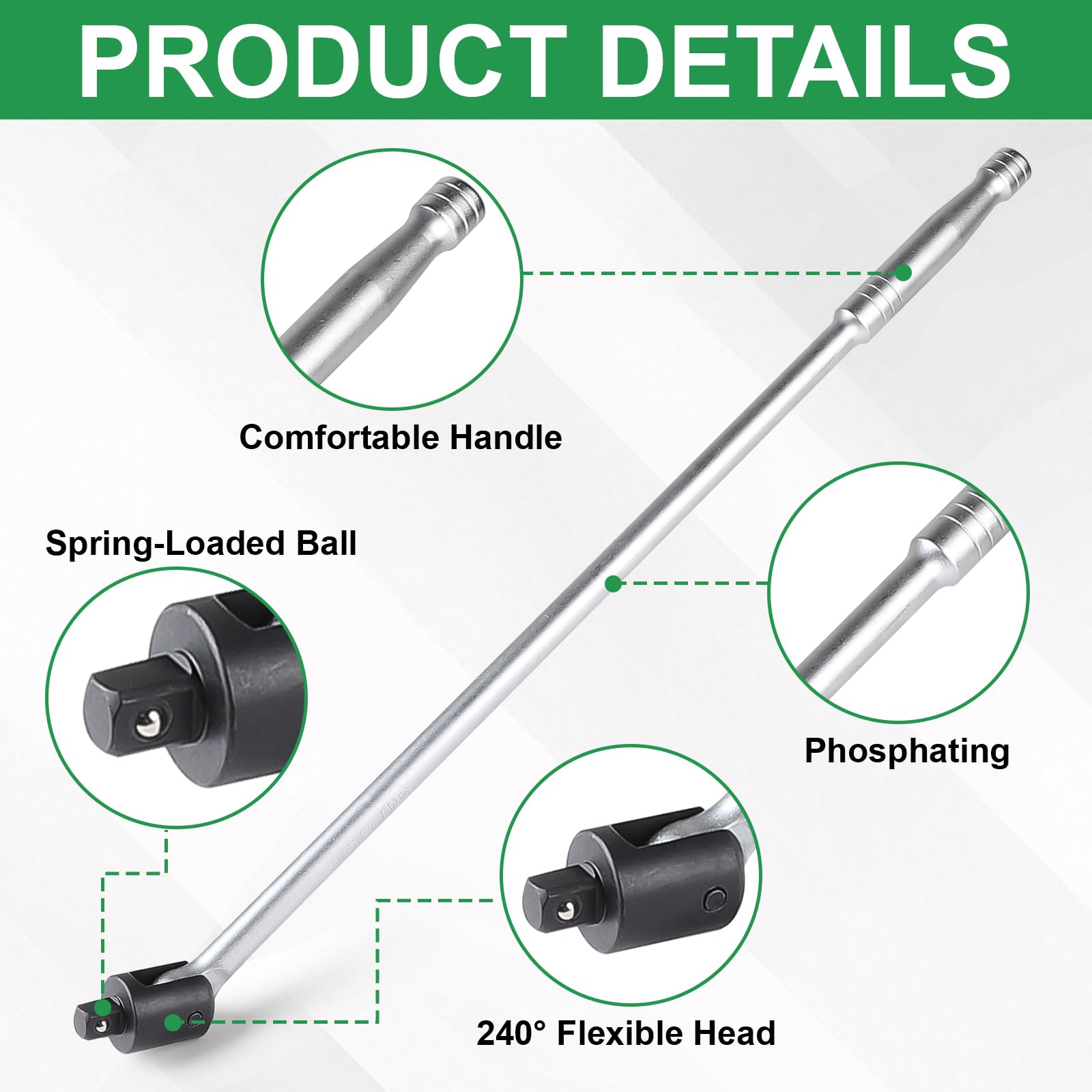 Mango Articulado 1/2 Longitud 600mm, Llave Articulada Rompedora con Cabeza Flexible de 240°, Carraca Articulada 1/2 para Reparaciones de Automóviles, Sustitución de Neumáticos, Plata