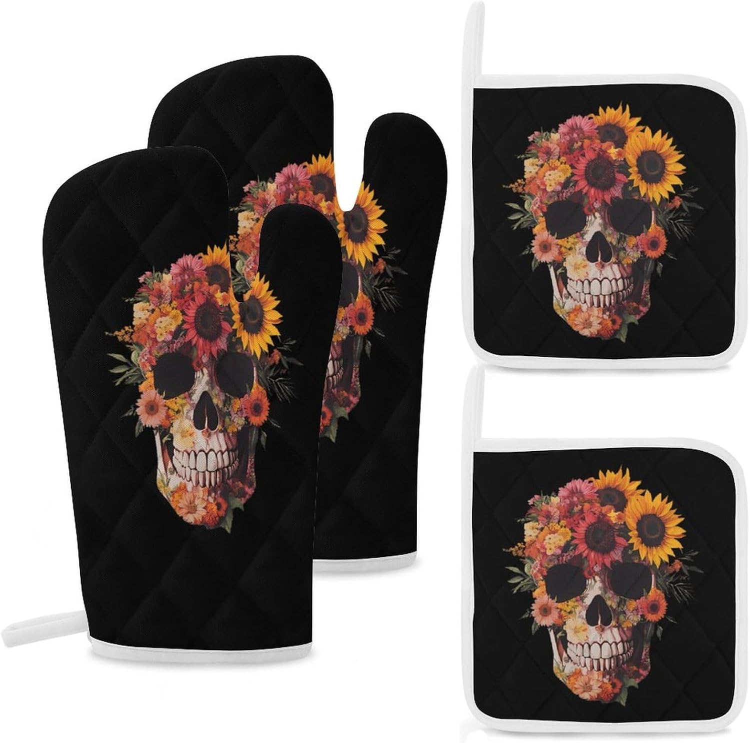 Sugar Skull Flowers Oven Mitts and Pot Holders 4Pcs Set Heat Resistant Cooking Mitts Hot Pads